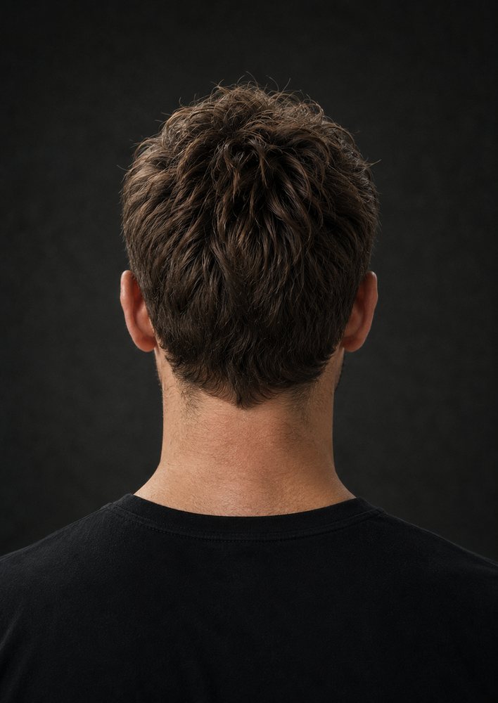 Hinterkopf mit angepasstem Haarsystem, Wirbel und Übergang zum Eigenhaar sichtbar