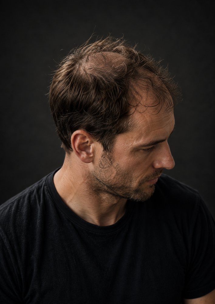 Seitenansicht mit zurückweichender Haarlinie und lichtem Oberkopf