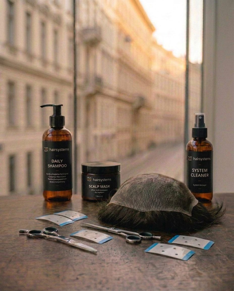 Haarsystem, Pflegeprodukte von Hairsystems Vienna, Friseurscheren und Tapes auf einem Studiotisch, im Hintergrund eine Wiener Gründerzeitfassade