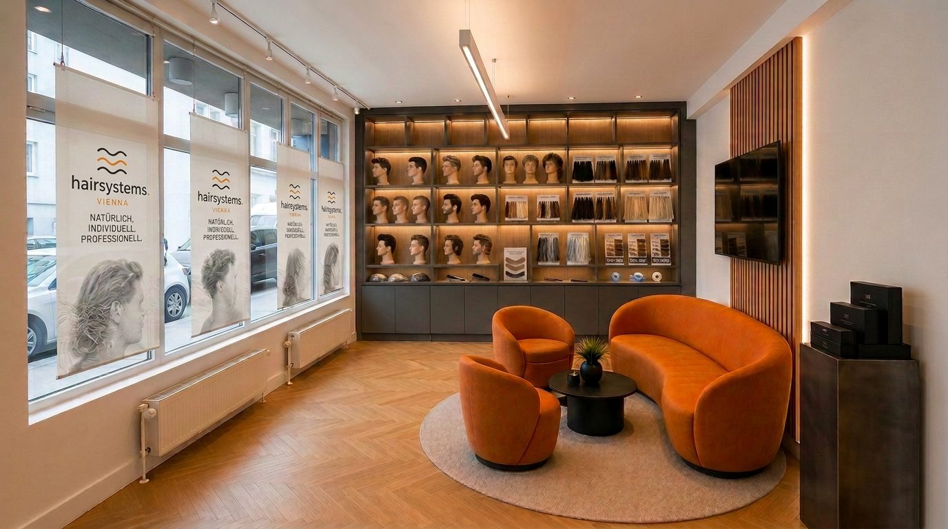 Beratungsbereich im Studio von Hairsystems Vienna in Wien mit beleuchteter Wand voller Haarsysteme und Haarmuster
