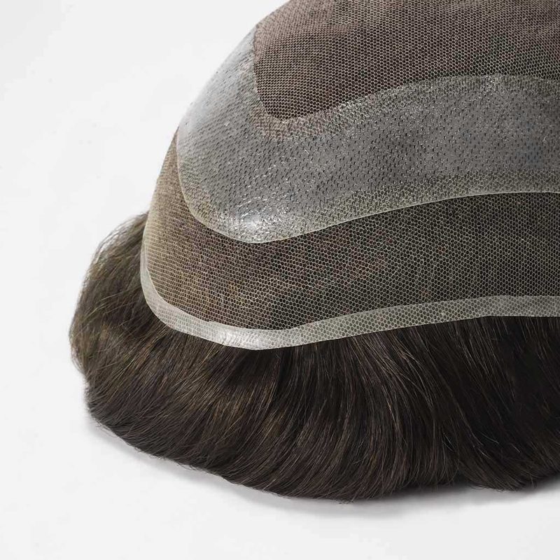 Nahaufnahme der Lace-Basis von HOLLYWOOD, feines Netzgewebe mit umlaufendem PU-Rand