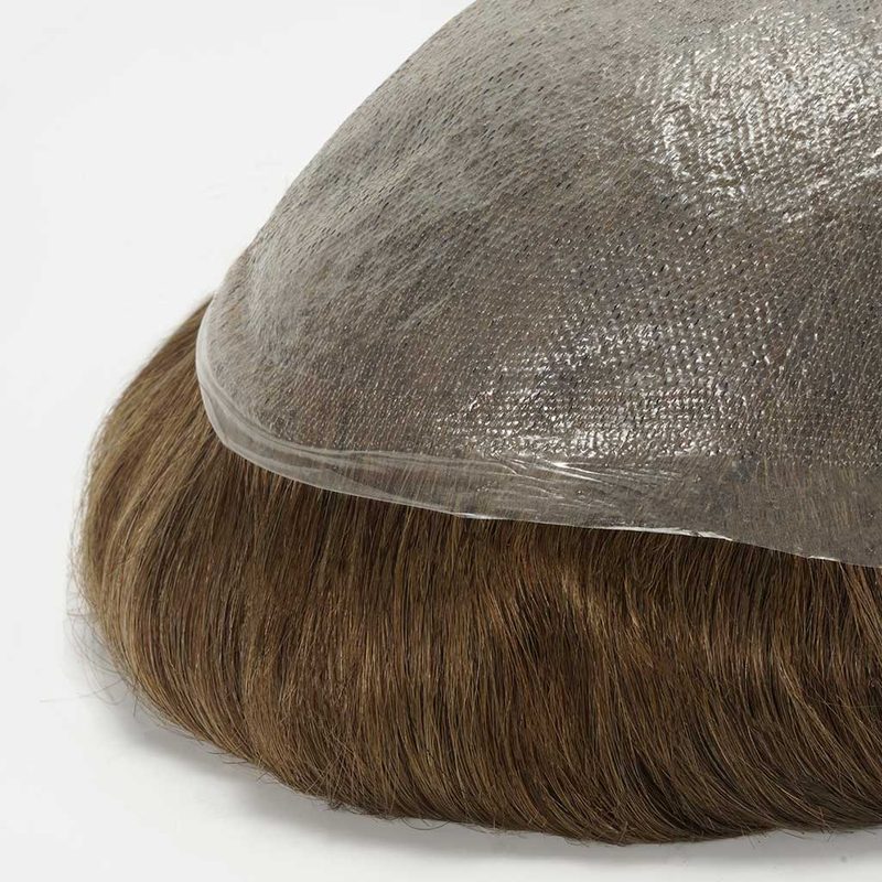 Nahaufnahme der Skin-Basis eines Haarsystems mit eingeknüpften Echthaaren