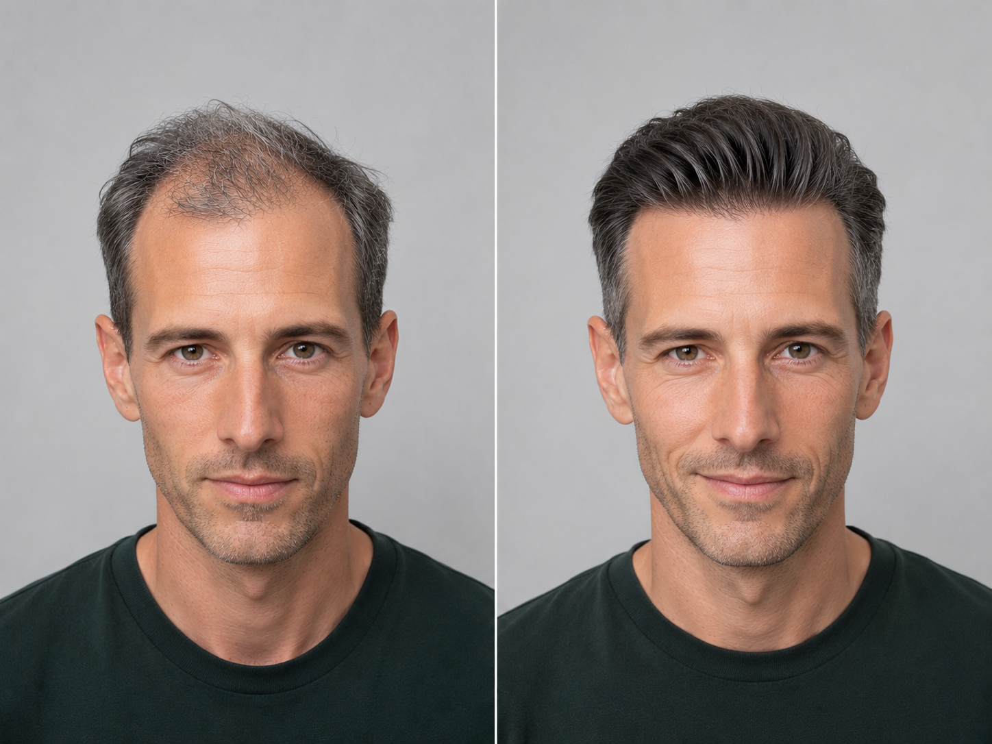 Vorher und Nachher – Lichtung am Oberkopf, graumeliert – Haarsystem bei Hairsystems Vienna