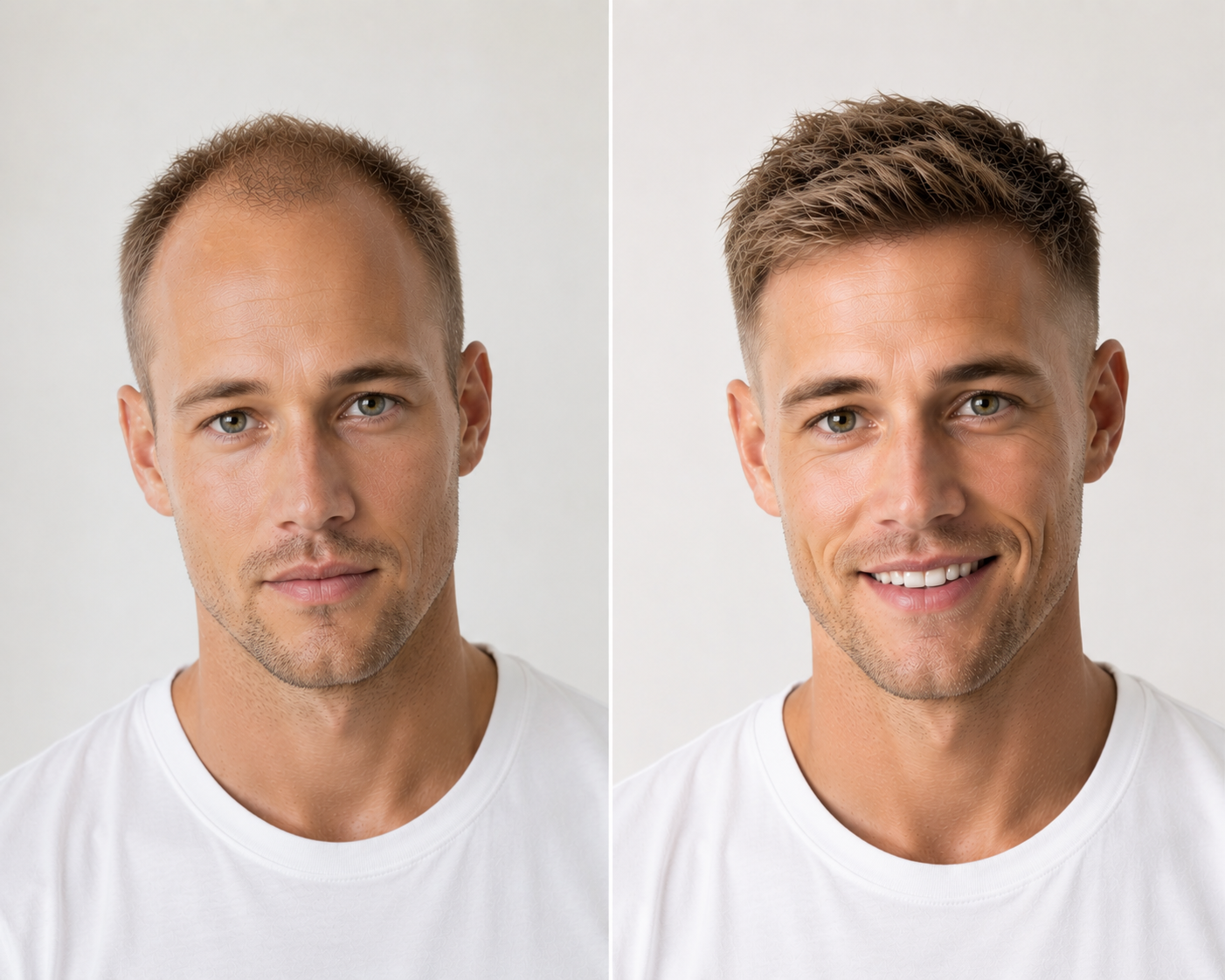 Vorher und Nachher – Geheimratsecken & lichter Oberkopf – Haarsystem bei Hairsystems Vienna