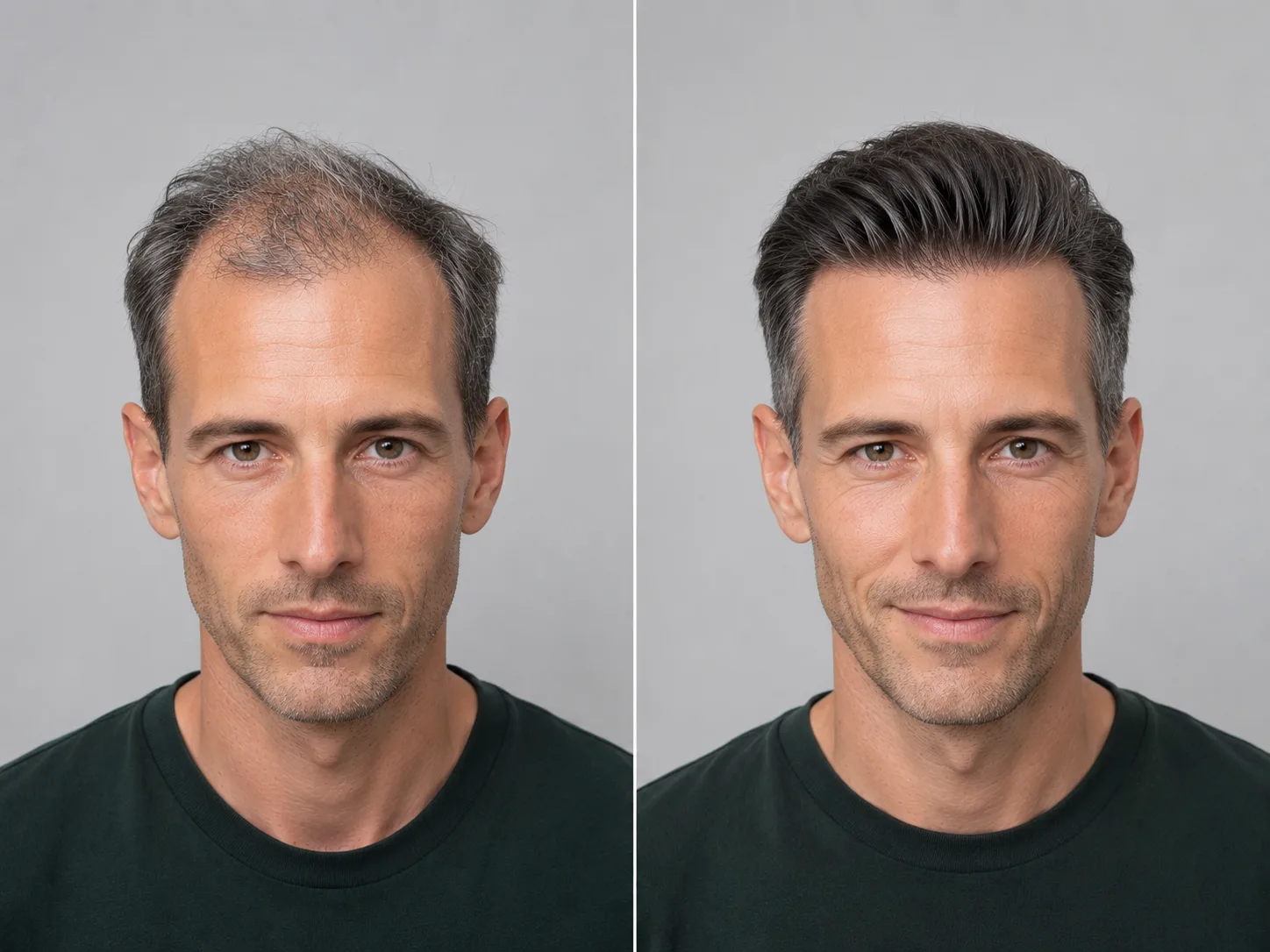 Illustration einer Ausgangssituation und des möglichen Ergebnisses – Lichtung am Oberkopf, graumeliert – Hairsystems Vienna