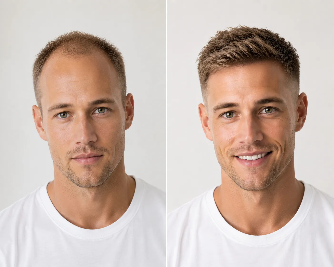 Illustration einer Ausgangssituation und des möglichen Ergebnisses – Geheimratsecken & lichter Oberkopf – Hairsystems Vienna