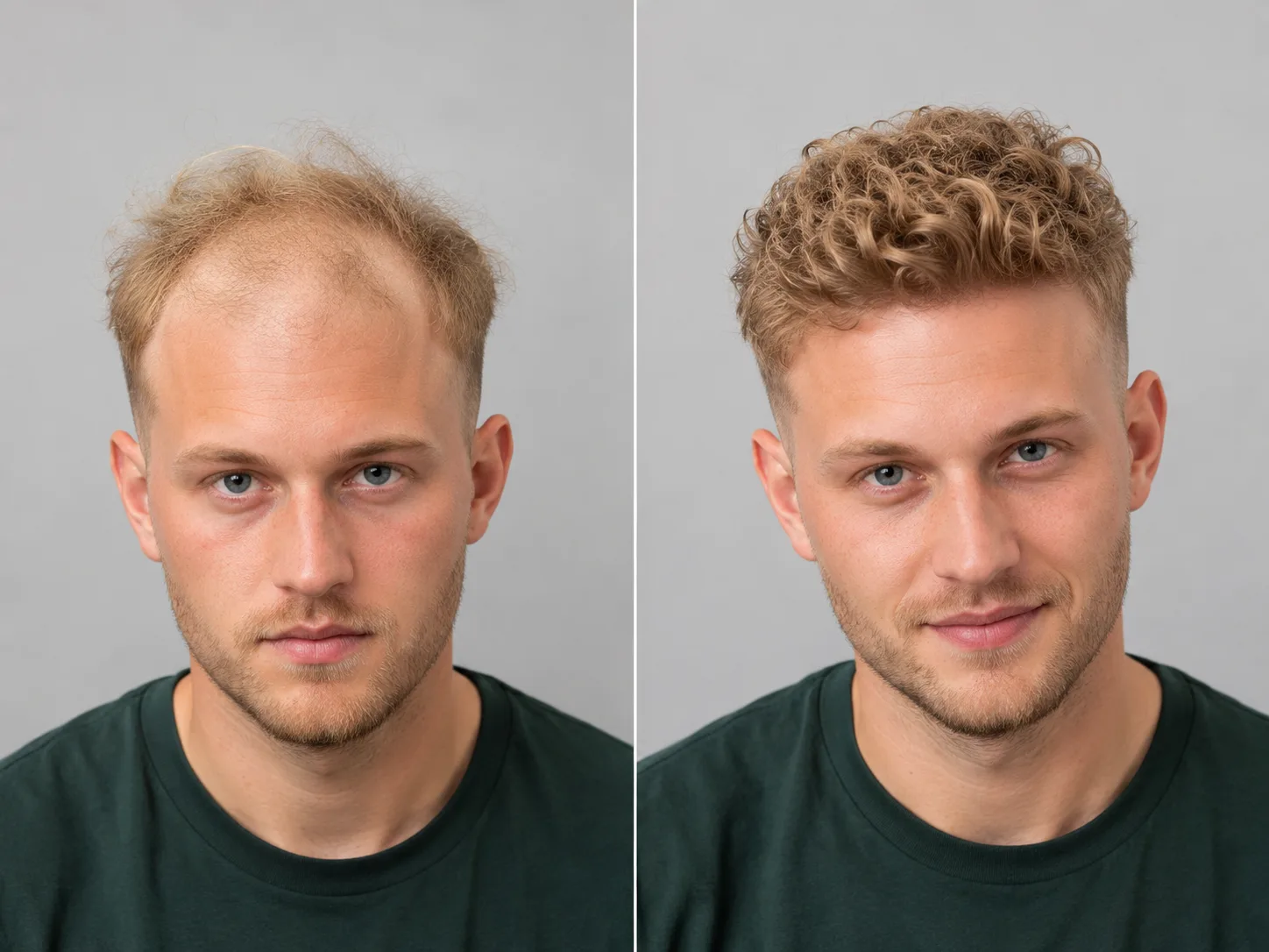 Illustration einer Ausgangssituation und des möglichen Ergebnisses – Geheimratsecken, blondes Haar – Hairsystems Vienna