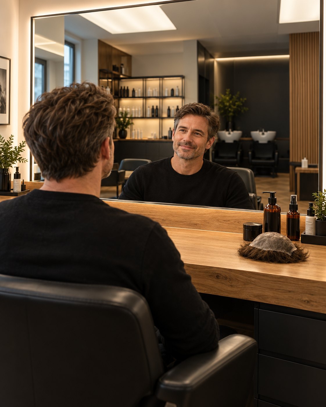 Kunde im Hairsystems-Studio in Wien vor dem Spiegel, das Haarsystem liegt auf dem Tresen